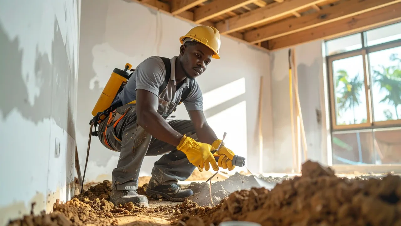 Teknisi jasa anti rayap Malang melakukan penyemprotan dan injeksi tanah di sekitar pondasi rumah