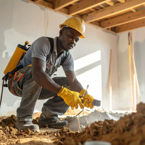 Teknisi jasa anti rayap Malang melakukan penyemprotan dan injeksi tanah di sekitar pondasi rumah