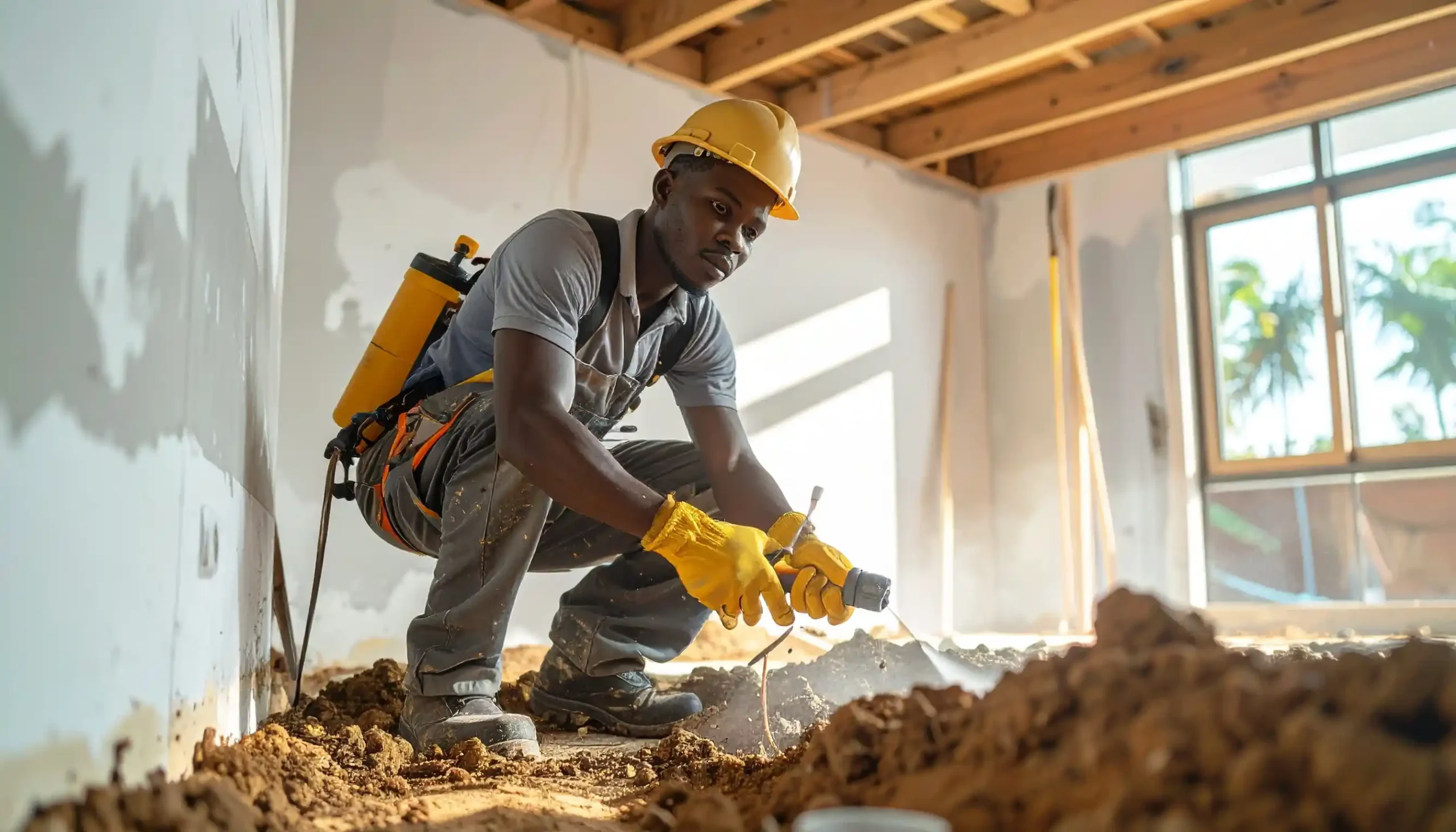 Teknisi jasa anti rayap Malang melakukan penyemprotan dan injeksi tanah di sekitar pondasi rumah