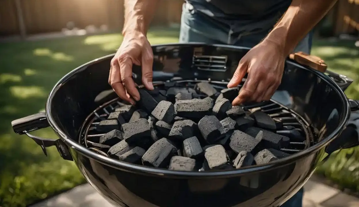 Simple charcoal grill setup steps with briquettes arranged in a kettle grill outdoors