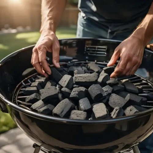 Simple charcoal grill setup steps with briquettes arranged in a kettle grill outdoors