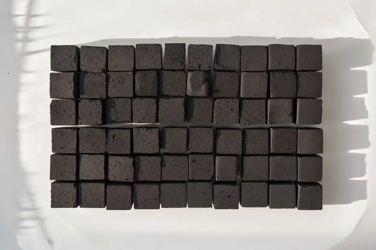 coconut charcoal cube uniform shape arranged in neat rows on white