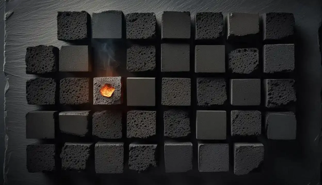 uniform size coconut charcoal cubes arranged in a grid pattern on a dark slate surface with glowing ember detail