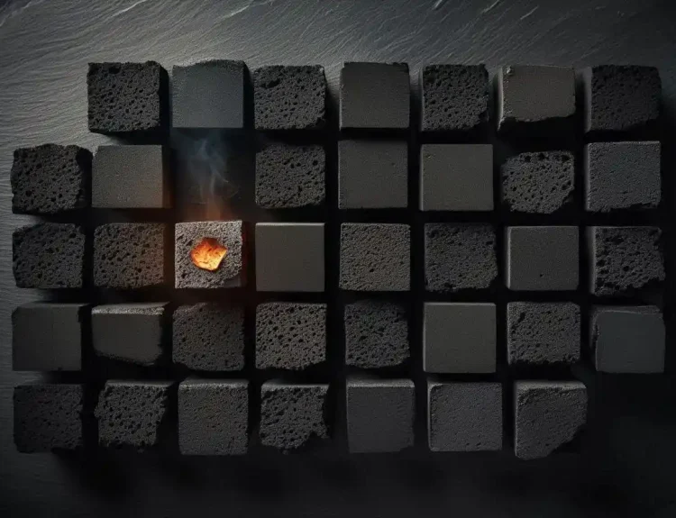 uniform size coconut charcoal cubes arranged in a grid pattern on a dark slate surface with glowing ember detail